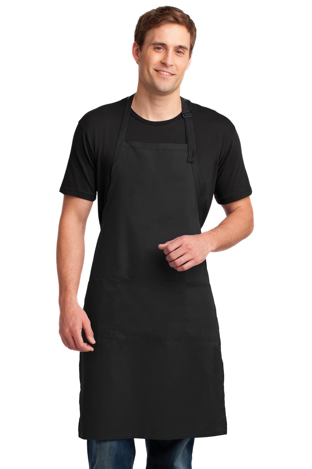 Front View of Black Port Authority Easy Care Extra Long Bib Apron with Stain Release. A700