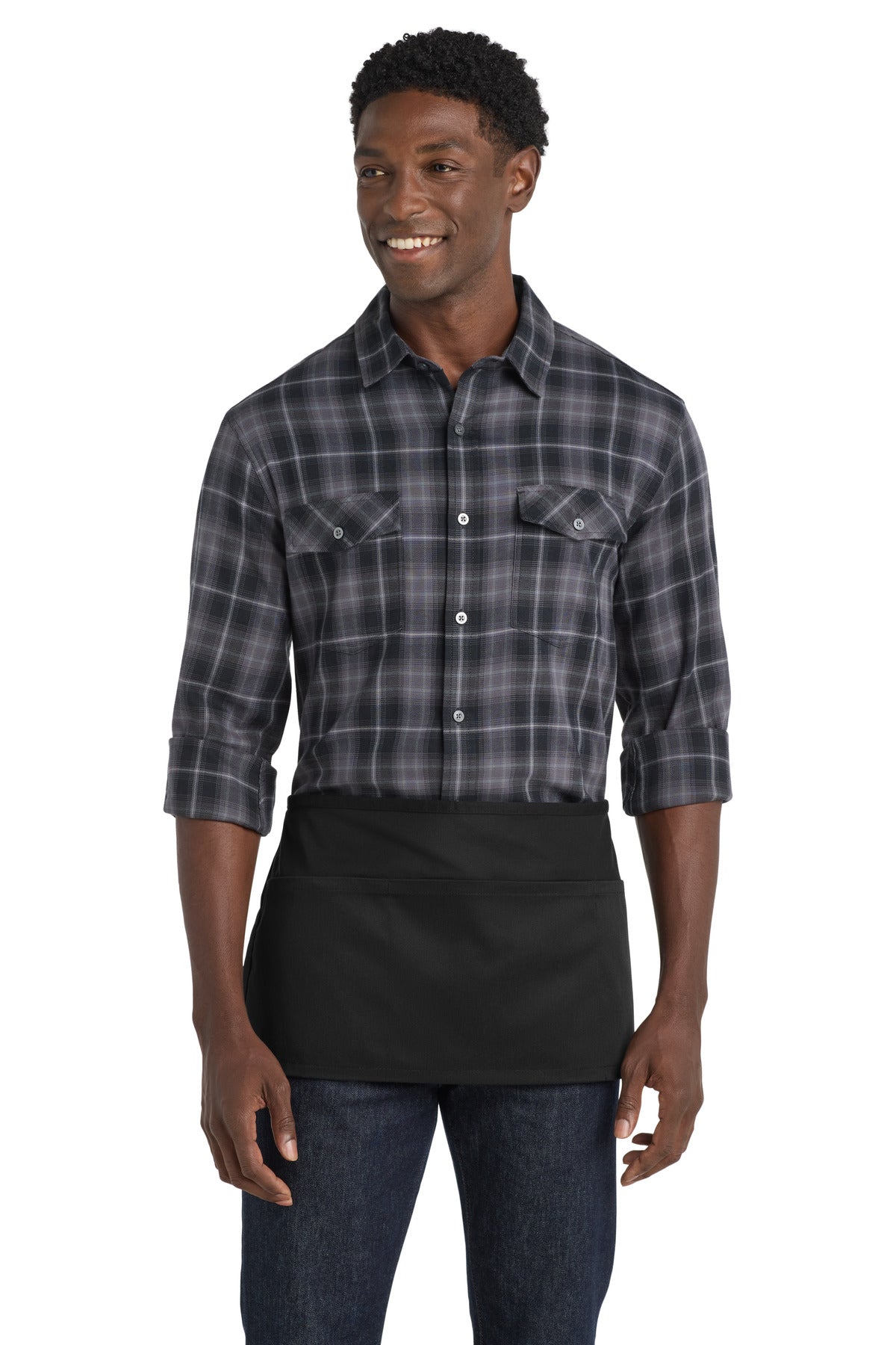 Front View of Black Port Authority Easy Care Reversible Waist Apron with Stain Release. A707