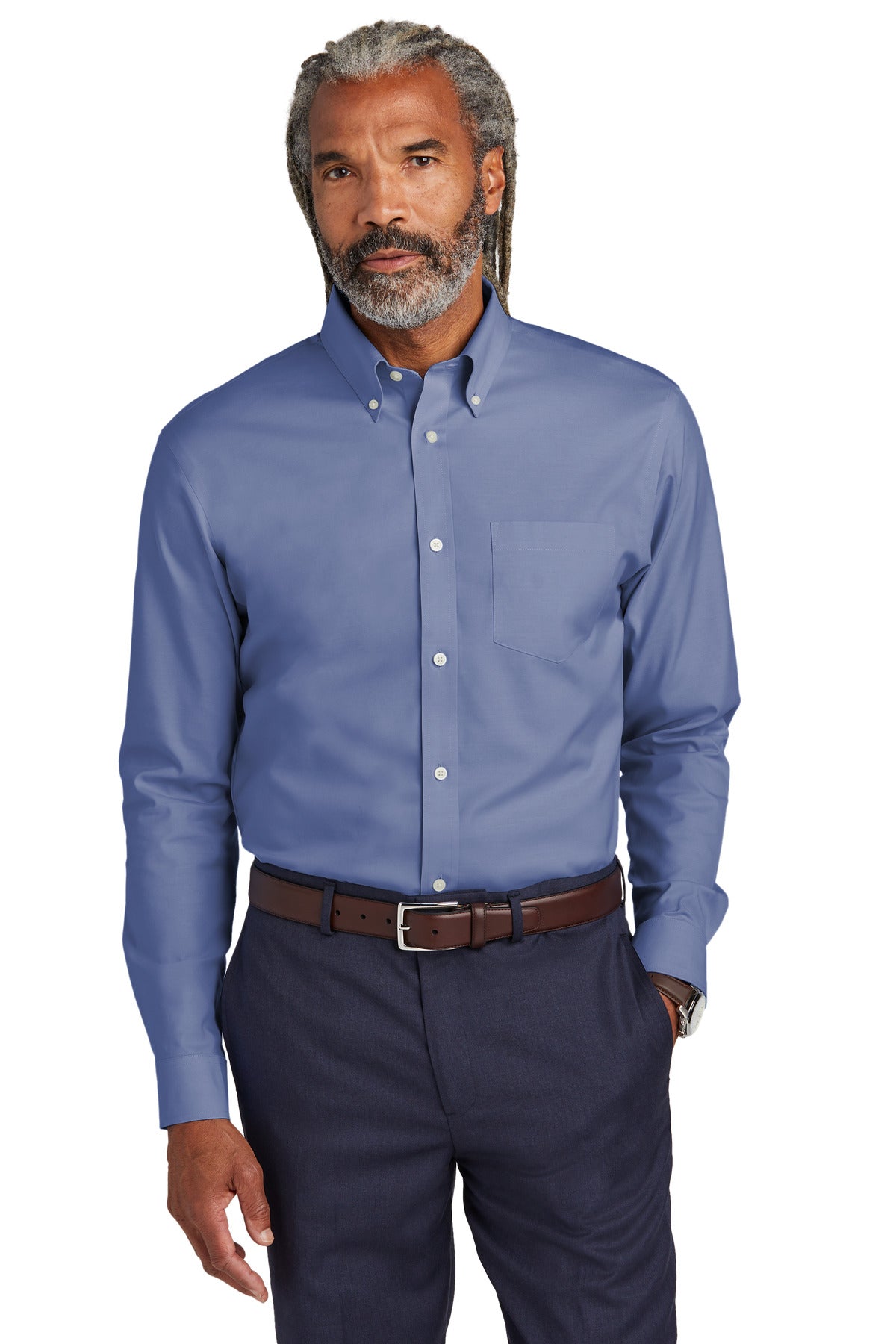 Front View of CobaltBl Brooks Brothers Wrinkle-Free Stretch Pinpoint Shirt BB18000  - XS