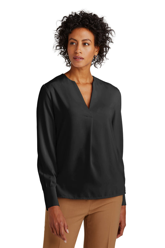 Front View of DeepBlack Brooks Brothers Women's Open-Neck Satin Blouse BB18009  - XS