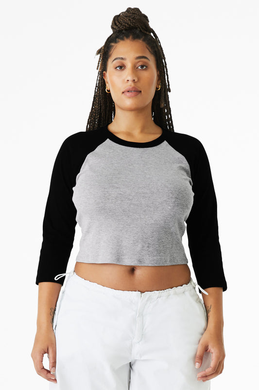 Front View of AthHt/Blk BELLA+CANVAS Women's Micro Rib 3/4 Raglan Baby Tee BC1200  - XS
