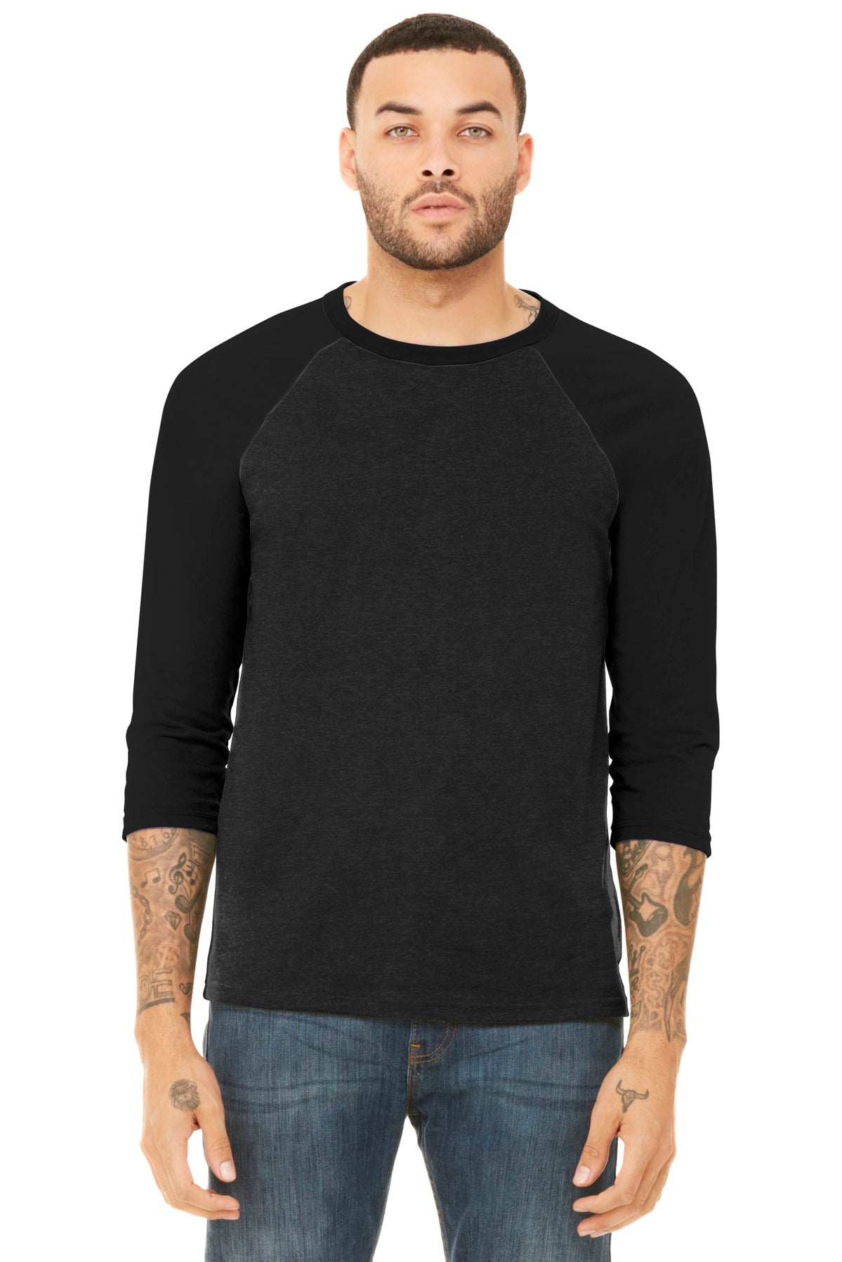 Front View of Black Ht/Black BELLA+CANVAS Unisex 3/4-Sleeve Baseball Tee. BC3200  - XS