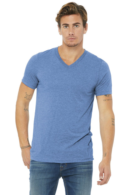 Front View of Blue TB BELLA+CANVAS Unisex Triblend Short Sleeve V-Neck Te. BC3415  - XS