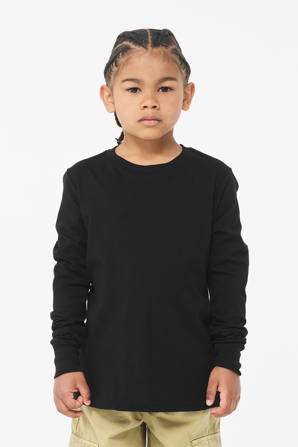 Front View of Black BELLA+CANVAS Youth Jersey Long Sleeve Tee BC3501Y  - S