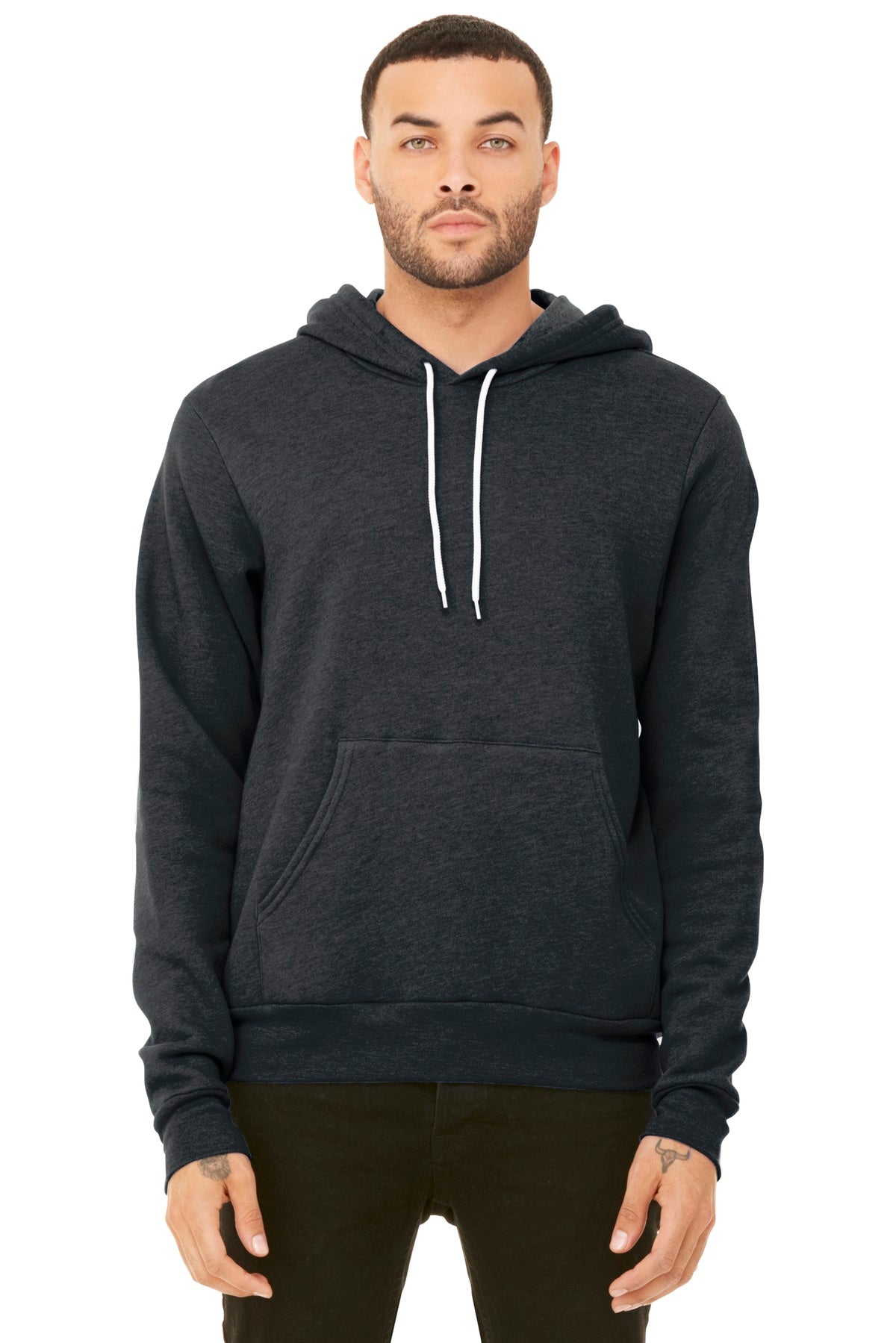 Front View of Dark Grey Ht BELLA+CANVAS Unisex Sponge Fleece Pullover Hoodie. BC3719  - XS
