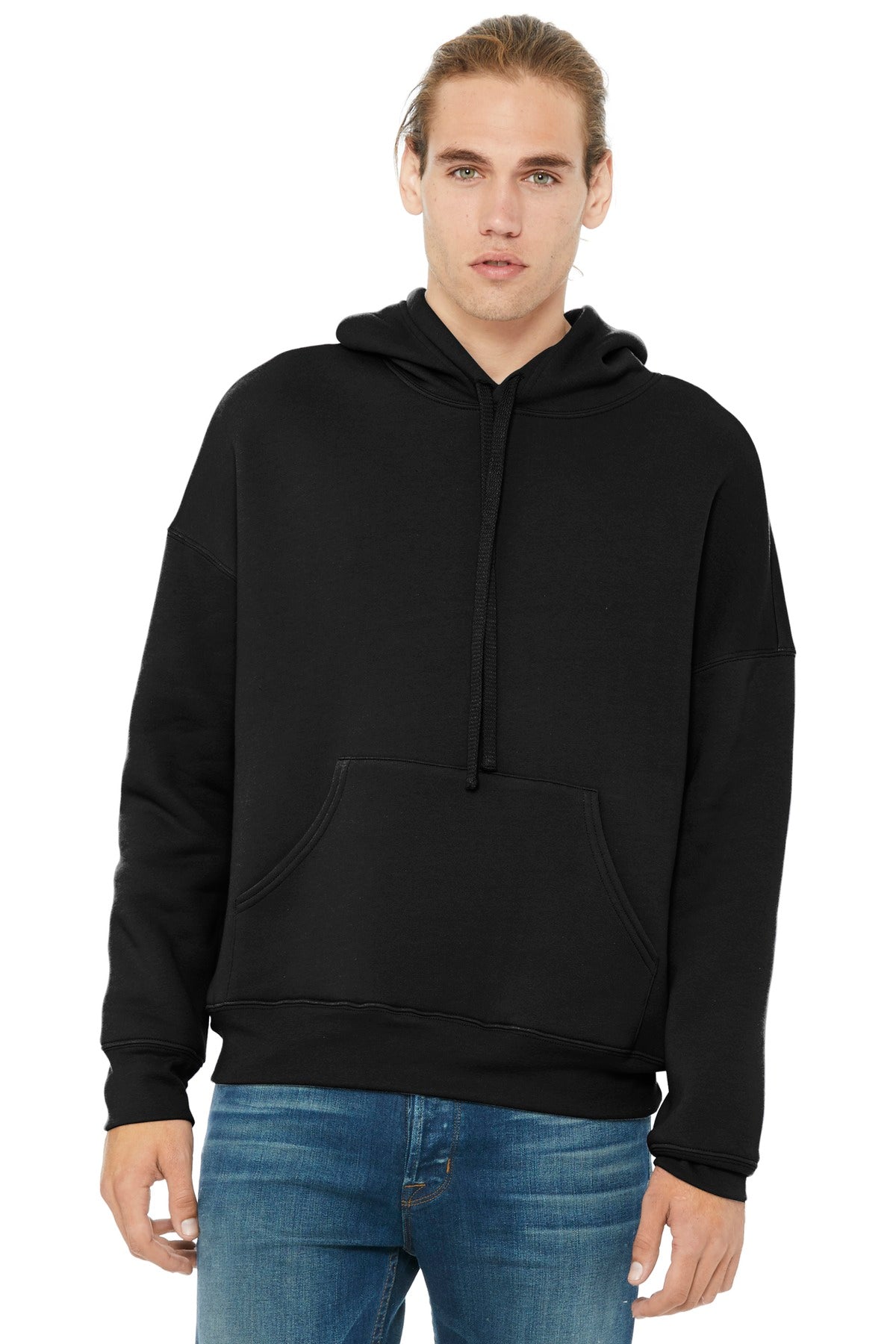 Front View of Black BELLA+CANVAS Unisex Sponge Fleece Pullover DTM Hoodie. BC3729  - XS