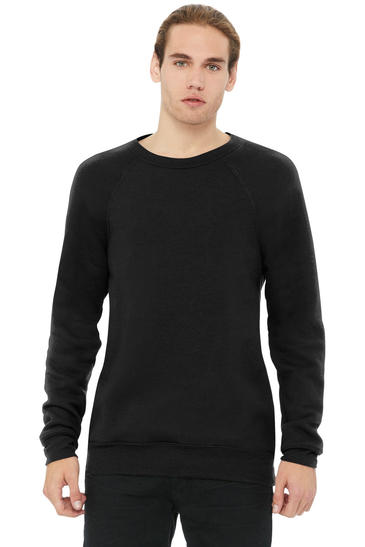 Front View of Blk Poly-Cttn BELLA+CANVAS Unisex Sponge Fleece Raglan Sweatshirt. BC3901  - XS