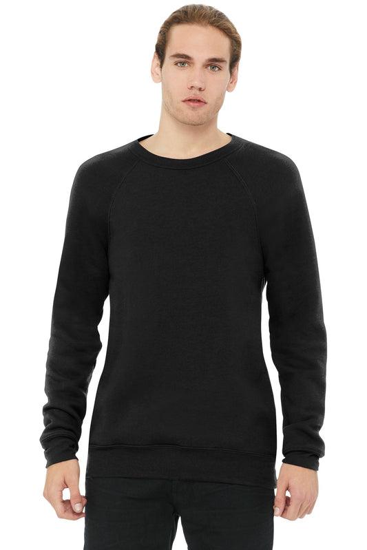 Front View of Blk Poly-Cttn BELLA+CANVAS Unisex Sponge Fleece Raglan Sweatshirt. BC3901  - XS