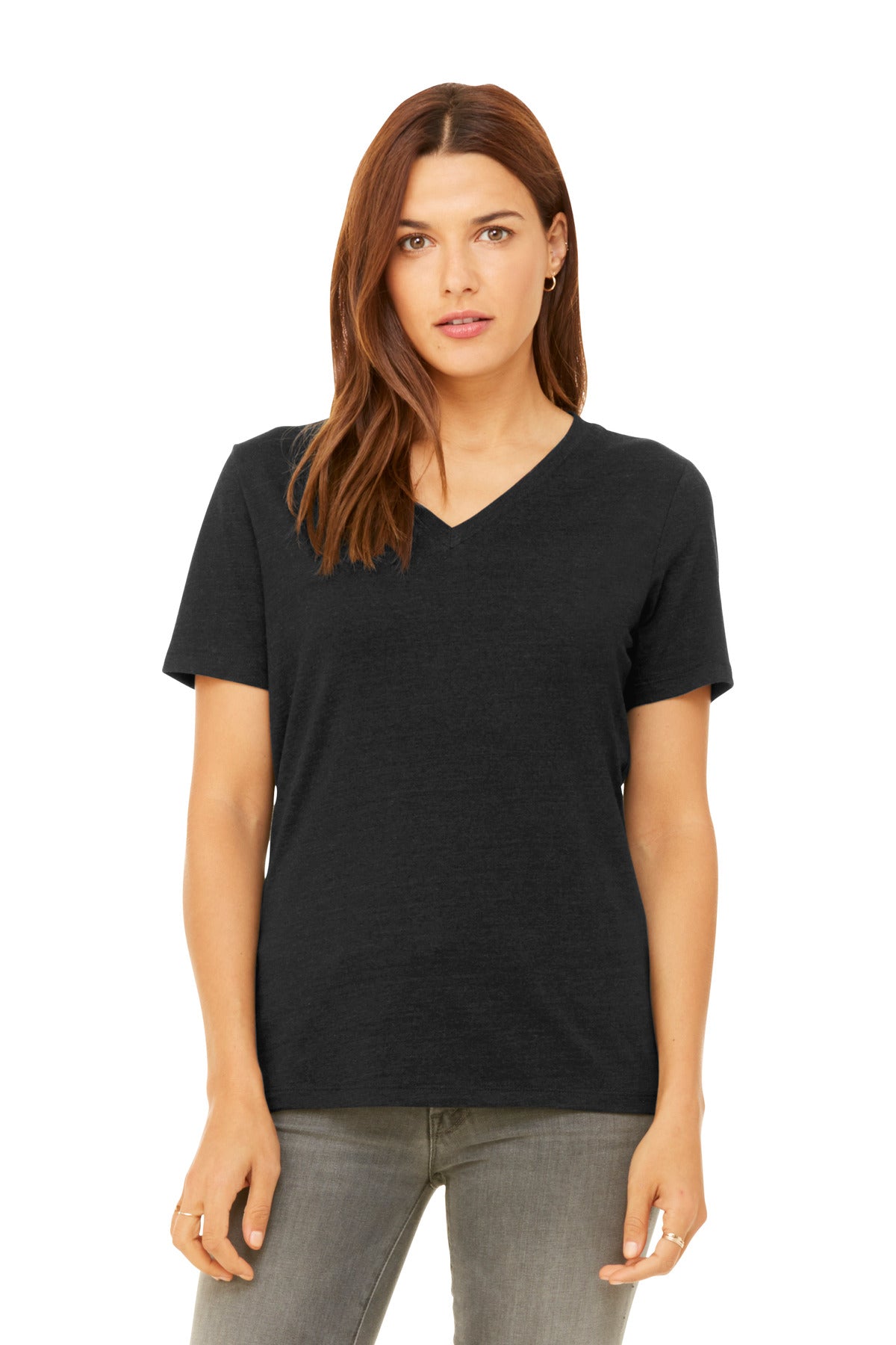 Front View of BlkHthr BELLA+CANVAS Women's Relaxed Heather CVC V-Neck Tee BC6405CVC  - S