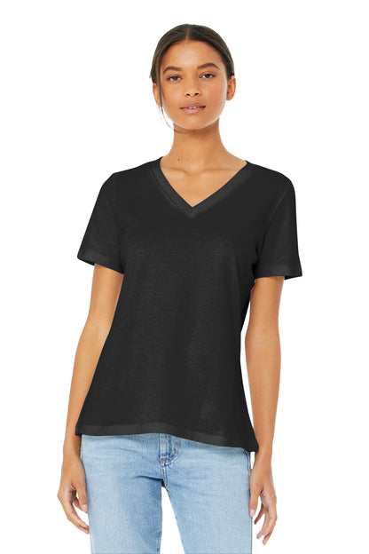 Front View of Black BELLA+CANVAS Women's Relaxed Jersey Short Sleeve V-Neck Tee. BC6405  - S