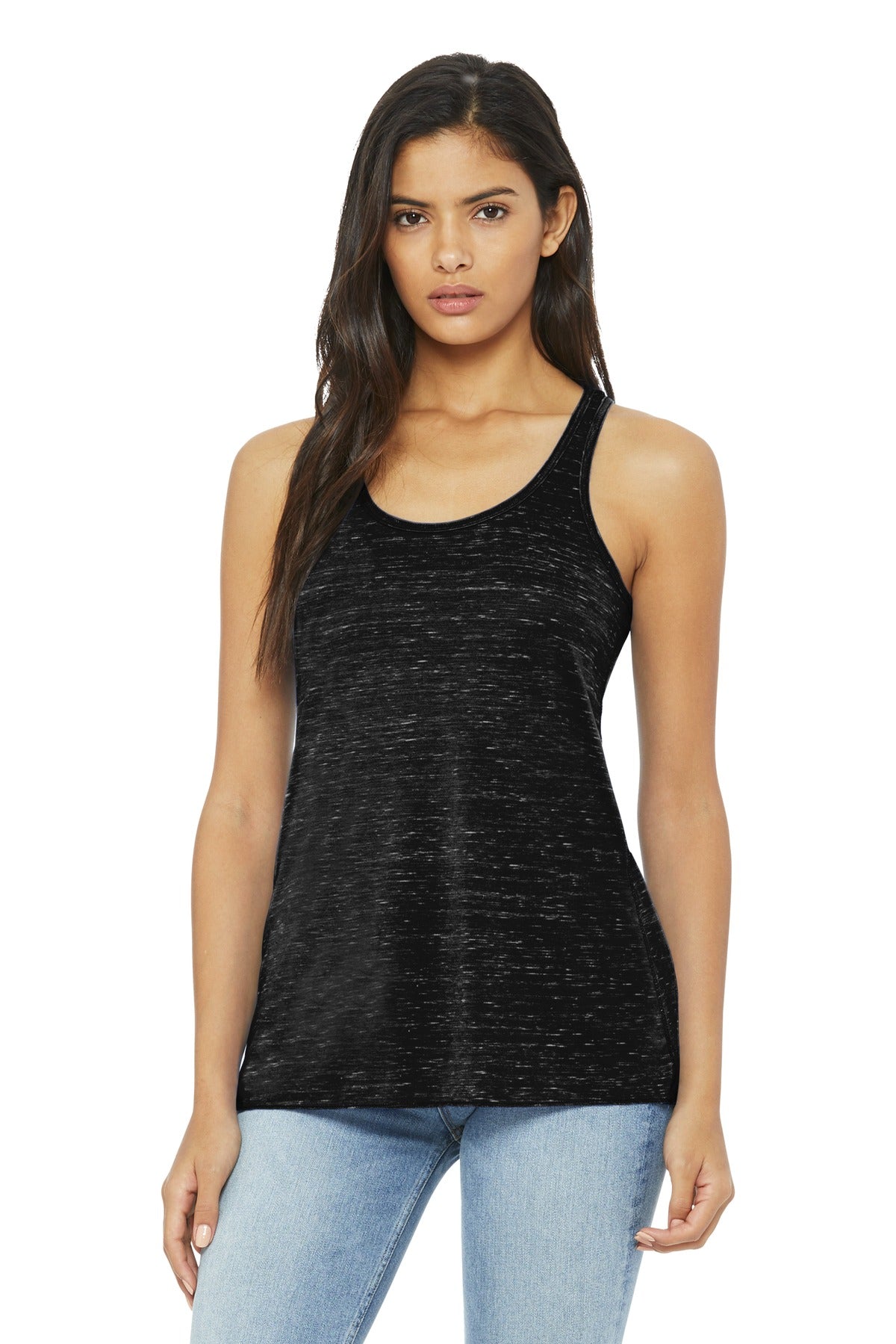 Front View of Black Marble BELLA+CANVAS Women's Flowy Racerback Tank. BC8800  - XS