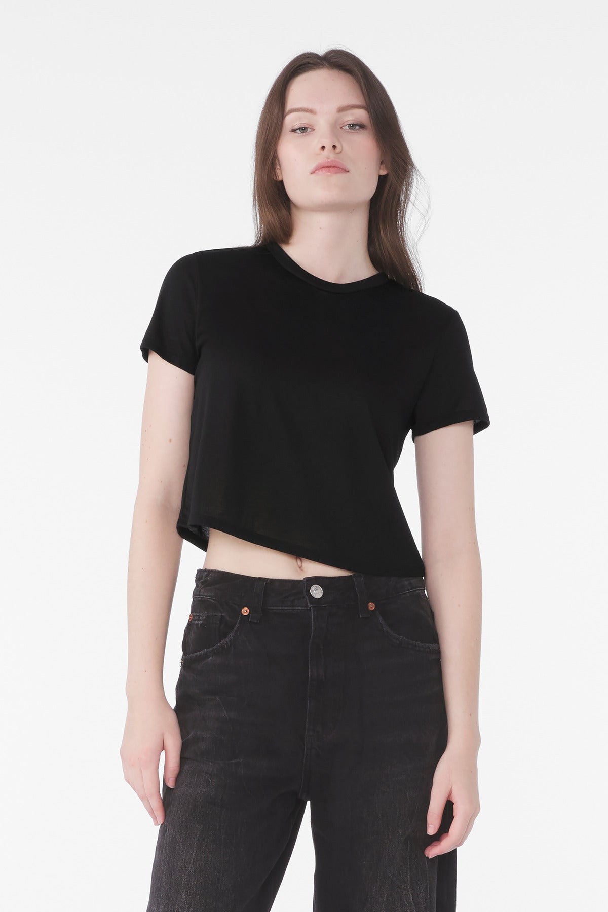 Front View of Black BELLA+CANVAS Women's Flowy Cropped Tee BC8882  - S