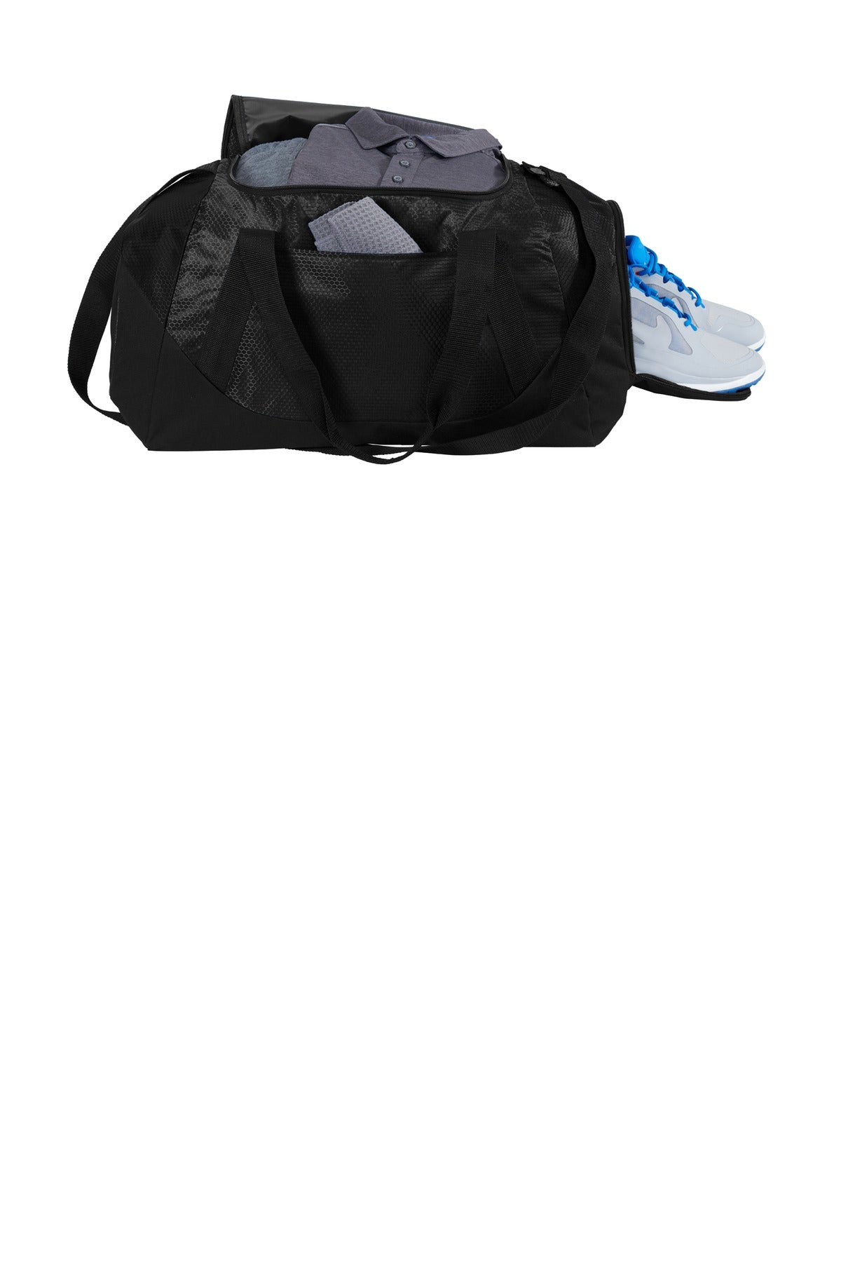 Front View of Black/Black Port Authority Team Duffel BG804