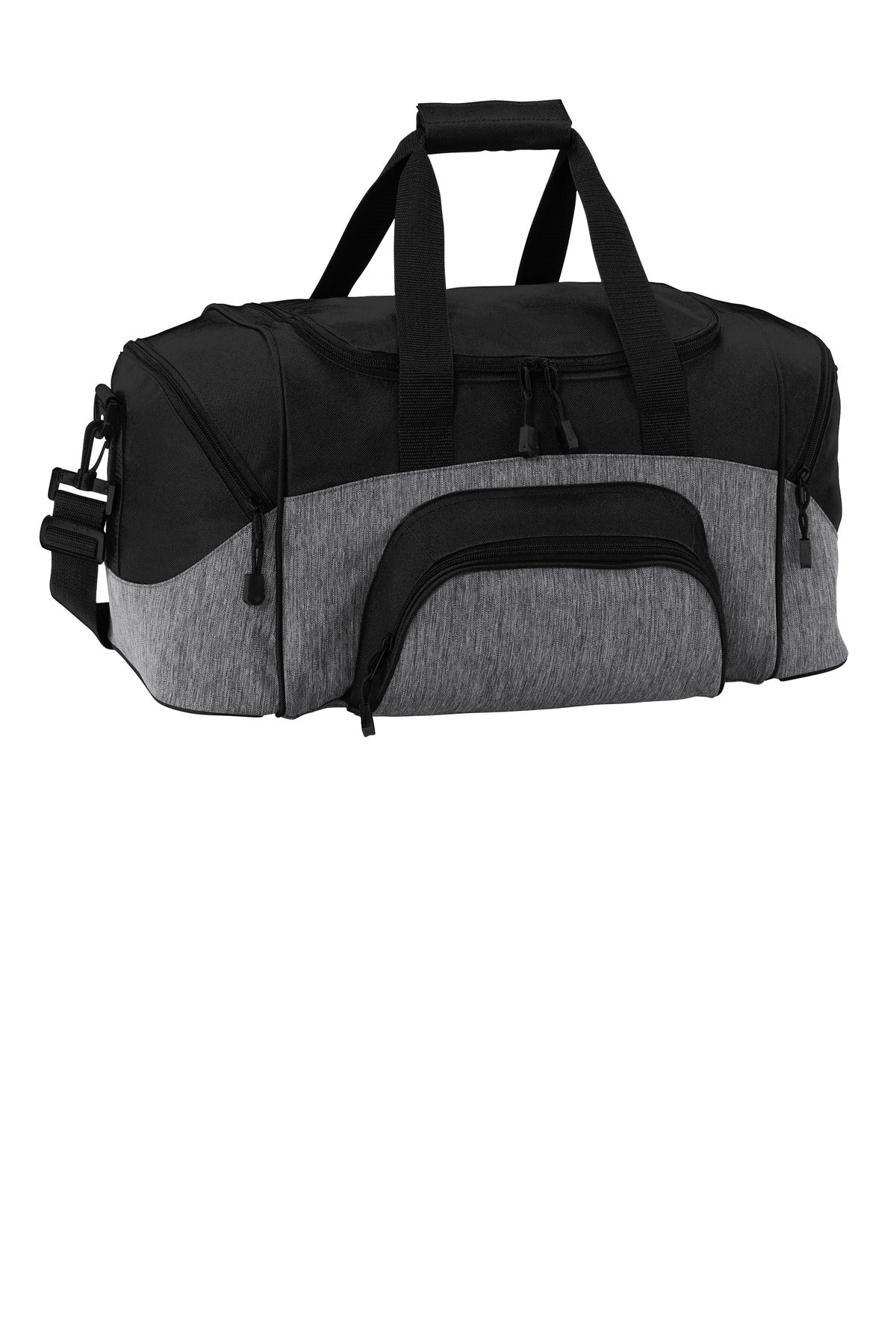 Front View of Heathr Gry/Blk Port Authority - Small Colorblock Sport Duffel. BG990S