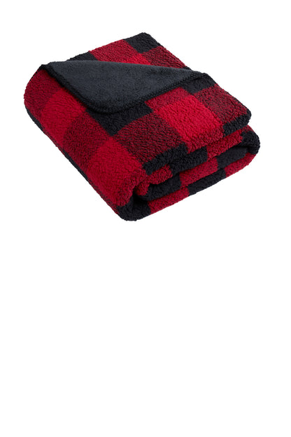 Front View of Bk/RBflPld Port Authority Double-Sided Sherpa/Plush Blanket BP48