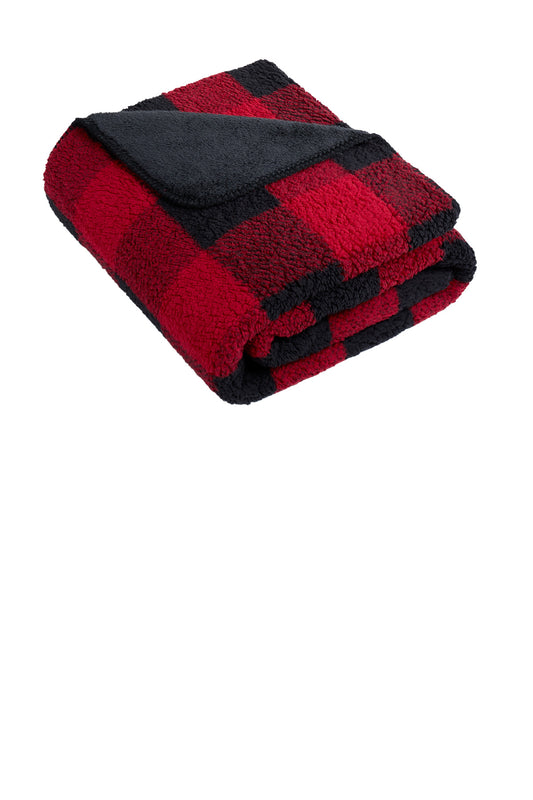 Front View of Bk/RBflPld Port Authority Double-Sided Sherpa/Plush Blanket BP48