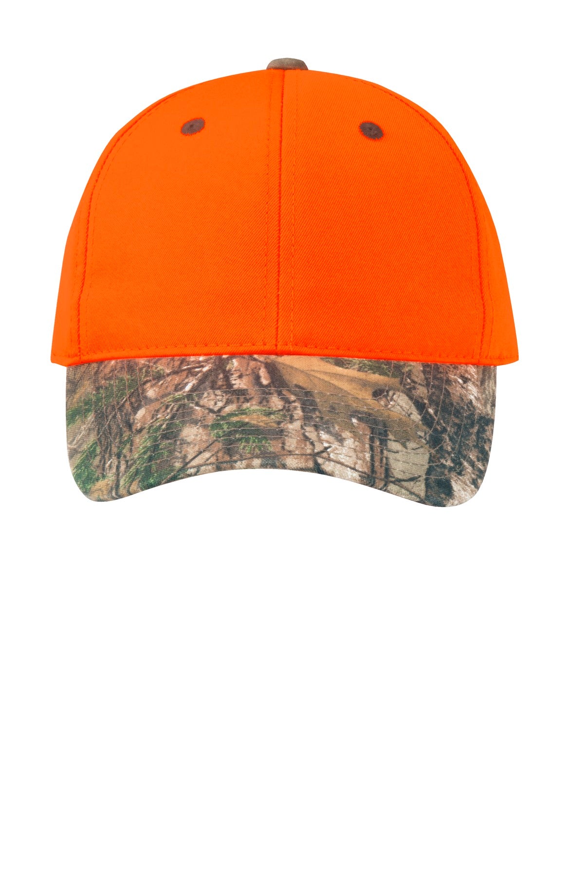 Front View of OrngBlaze/RT X Port Authority Enhanced Visibility Cap with Camo Brim. C804