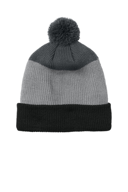 Front View of DBk/GsG/SG Port Authority Cozy Striped Pom Beanie C979