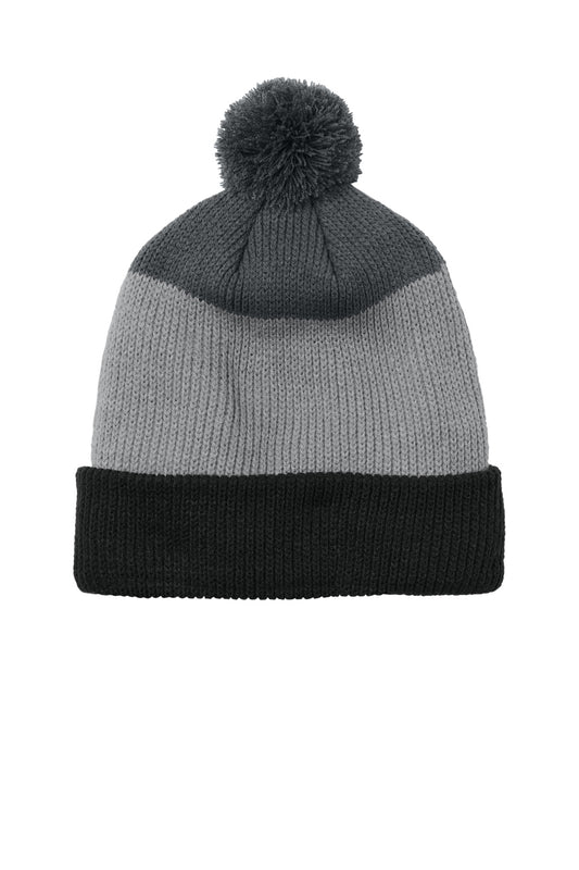 Front View of DBk/GsG/SG Port Authority Cozy Striped Pom Beanie C979