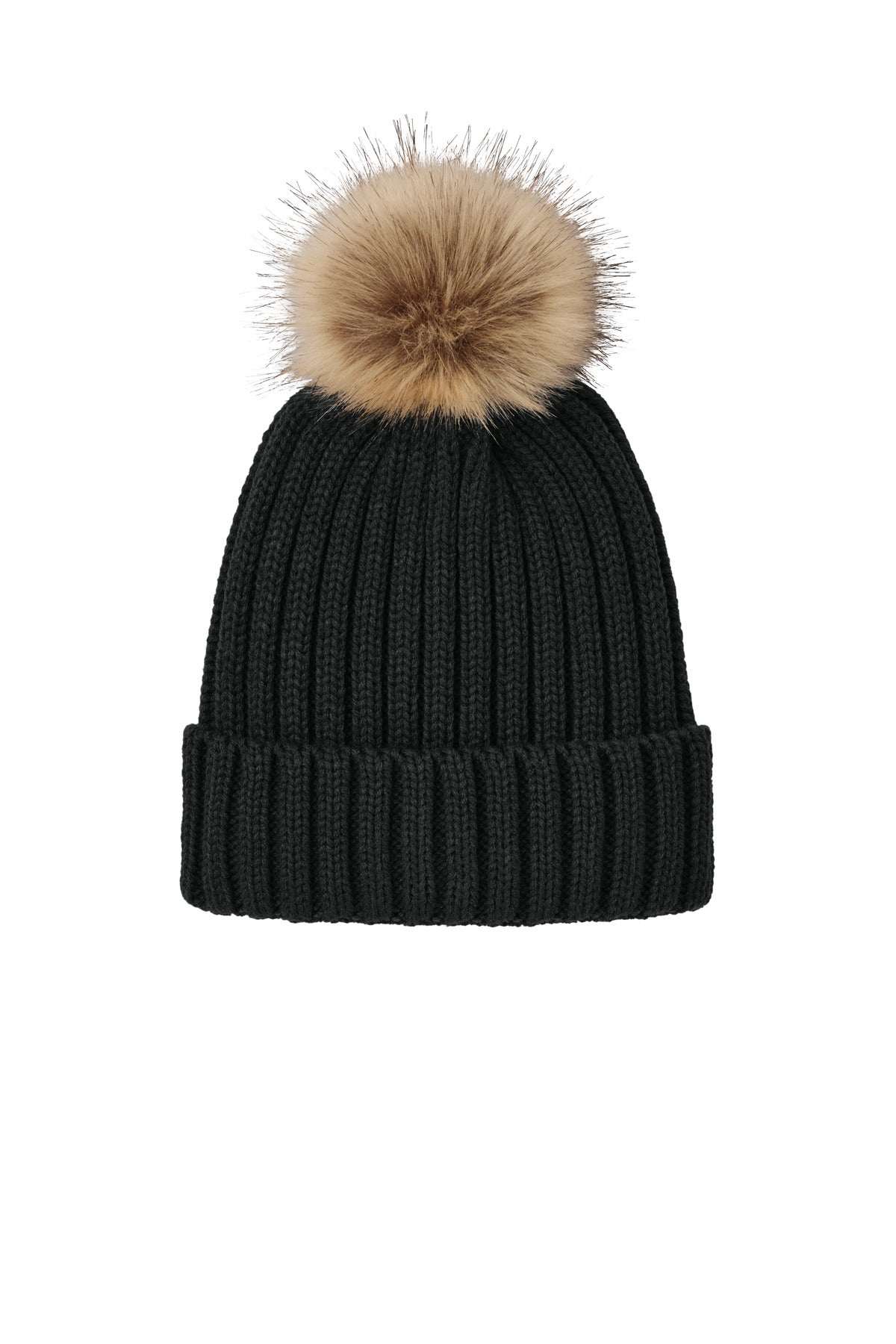 Front View of DeepBlack Port Authority Faux Fur Pom Beanie C990