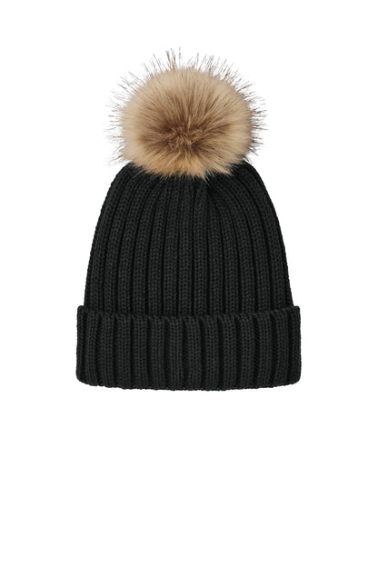 Front View of DeepBlack Port Authority Faux Fur Pom Beanie C990