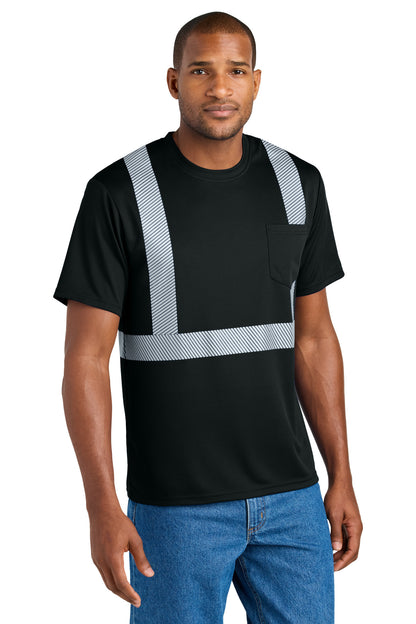 Front View of Black CornerStone Enhanced Visibility Segmented Tape Tee CS206  - S