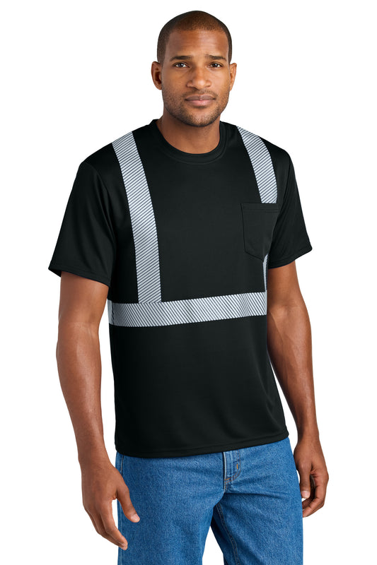 Front View of Black CornerStone Enhanced Visibility Segmented Tape Tee CS206  - S