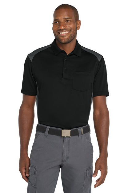 Front View of Black/Charcoal CornerStone Select Snag-Proof Two Way Colorblock Pocket Polo. CS416  - XS