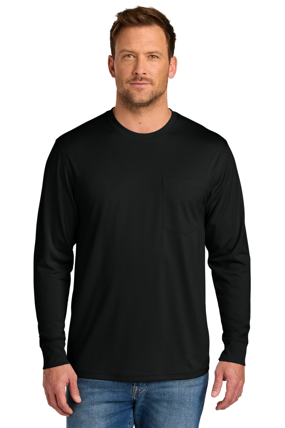 Front View of Black CornerStone Workwear Pro Long Sleeve Pocket Tee CS440LSP  - XS