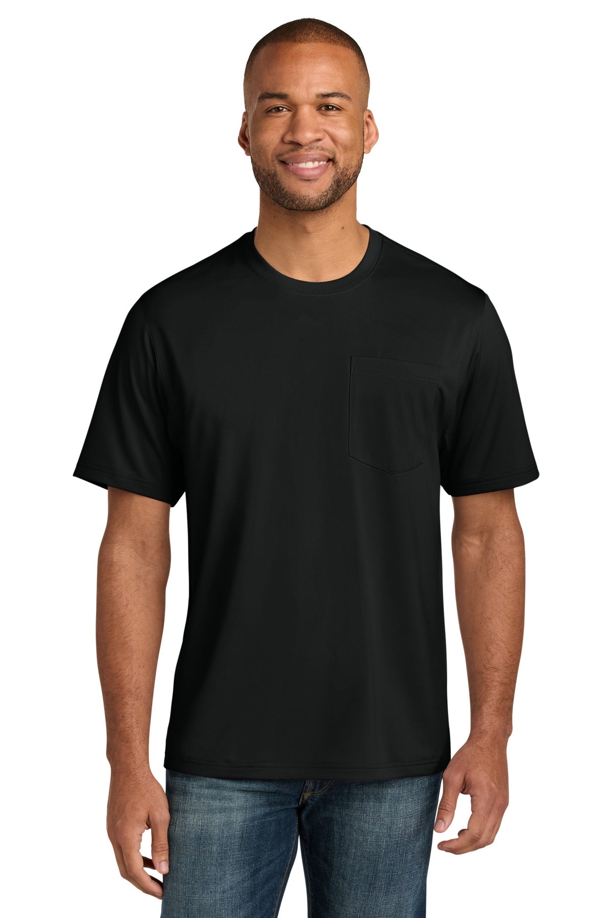 Front View of Black CornerStone Workwear Pro Short Sleeve Pocket Tee CS440P  - XS