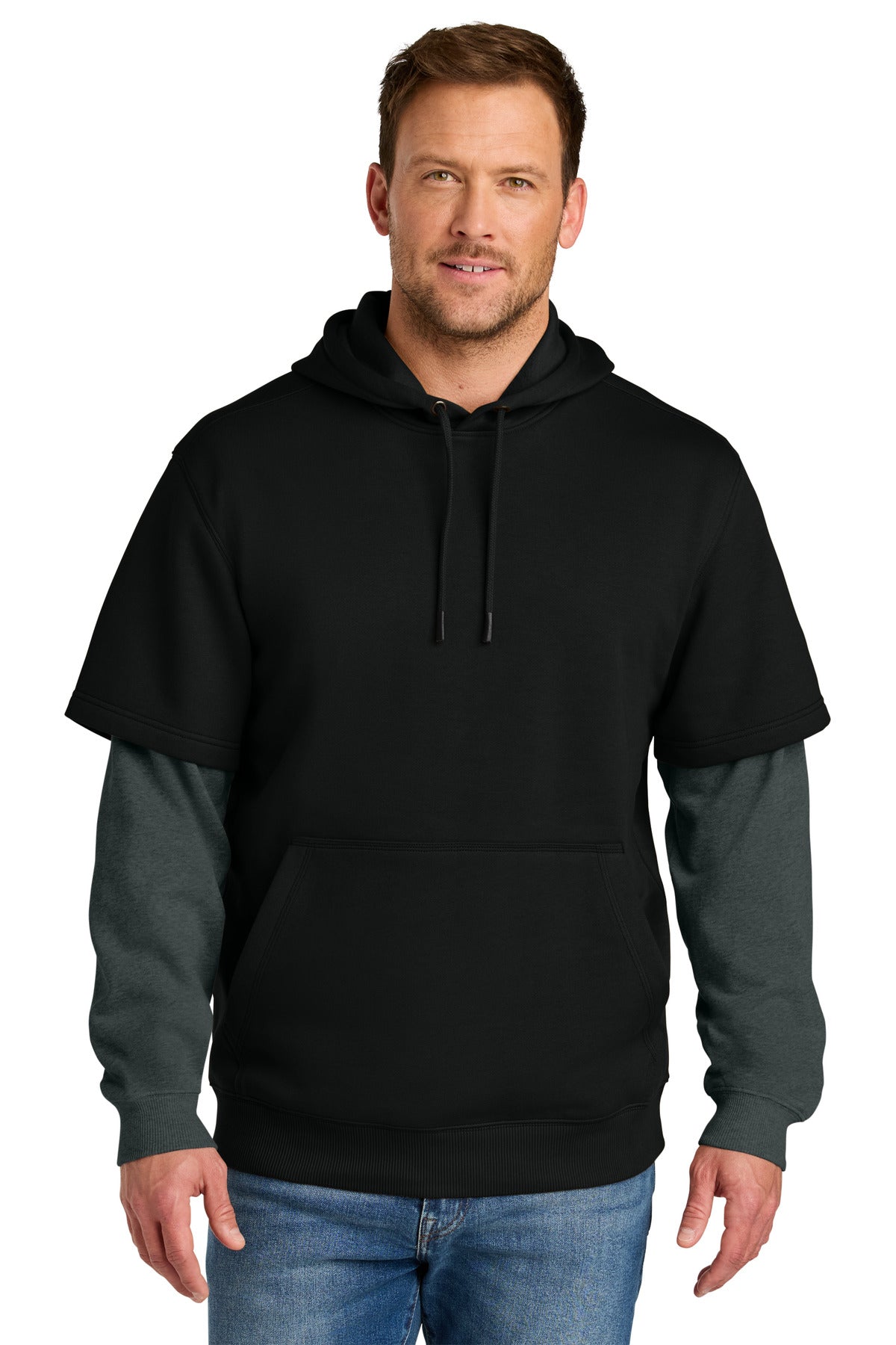 Front View of Blk/CharHt CornerStone Tough Fleece Layered Hoodie CSF632  - XS