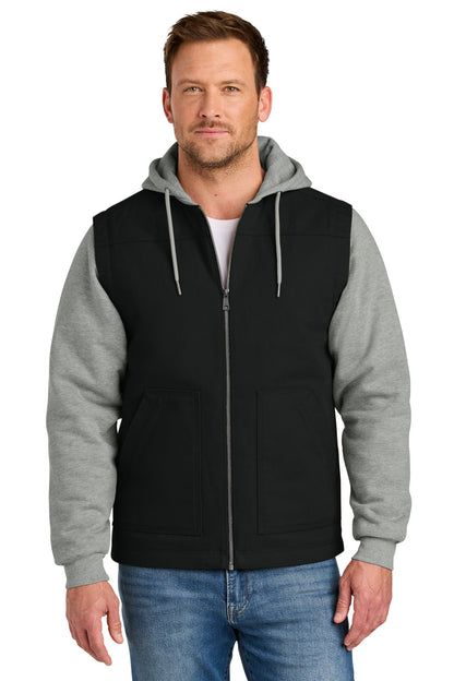 Front View of Blk/HthrGy CornerStone Duck Fleece Full-Zip Hooded Jacket CSJ42  - XS