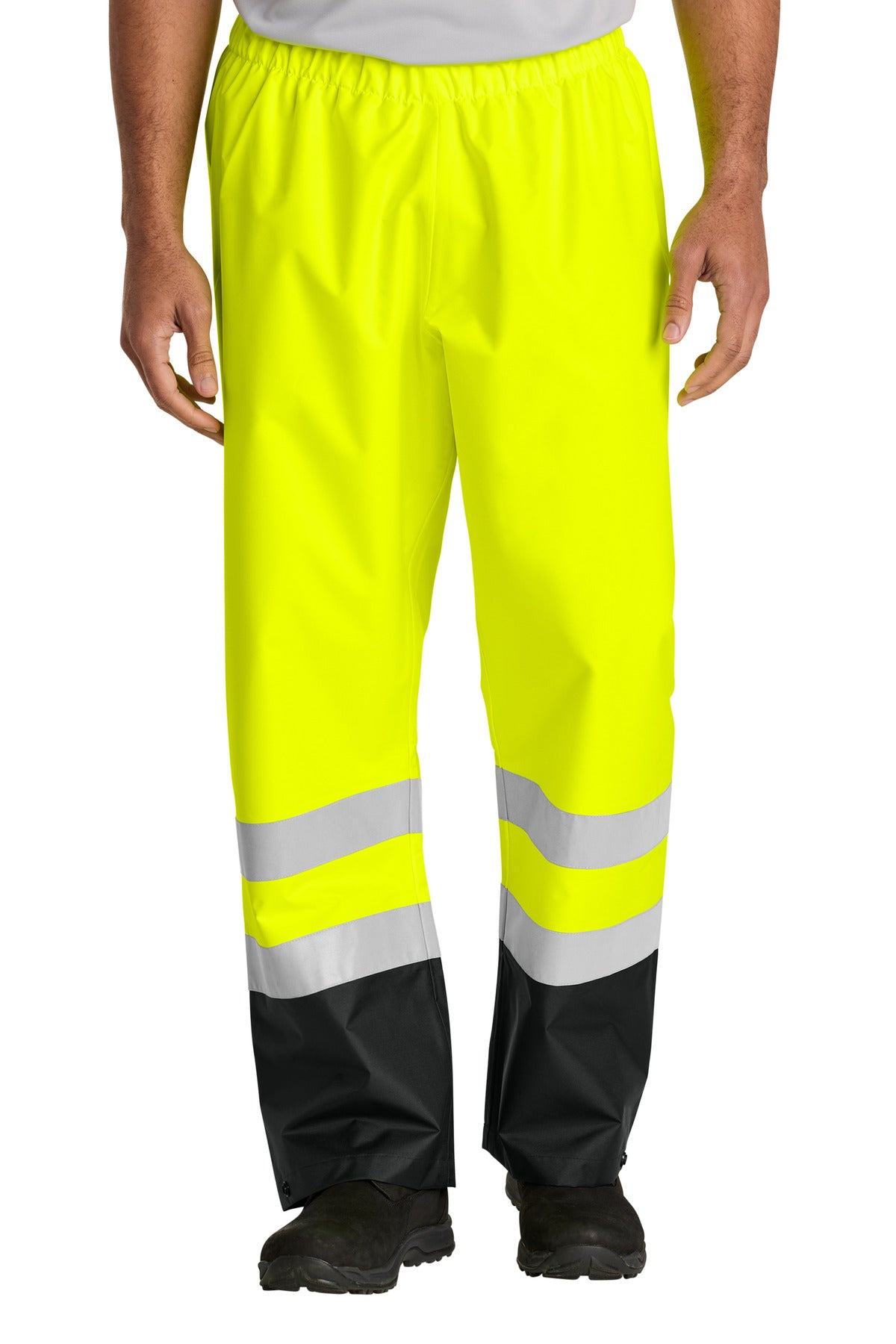 Front View of SftyYl/Blk CornerStone ANSI Class E Pull-On Rain Pant CSP504  - L/XL