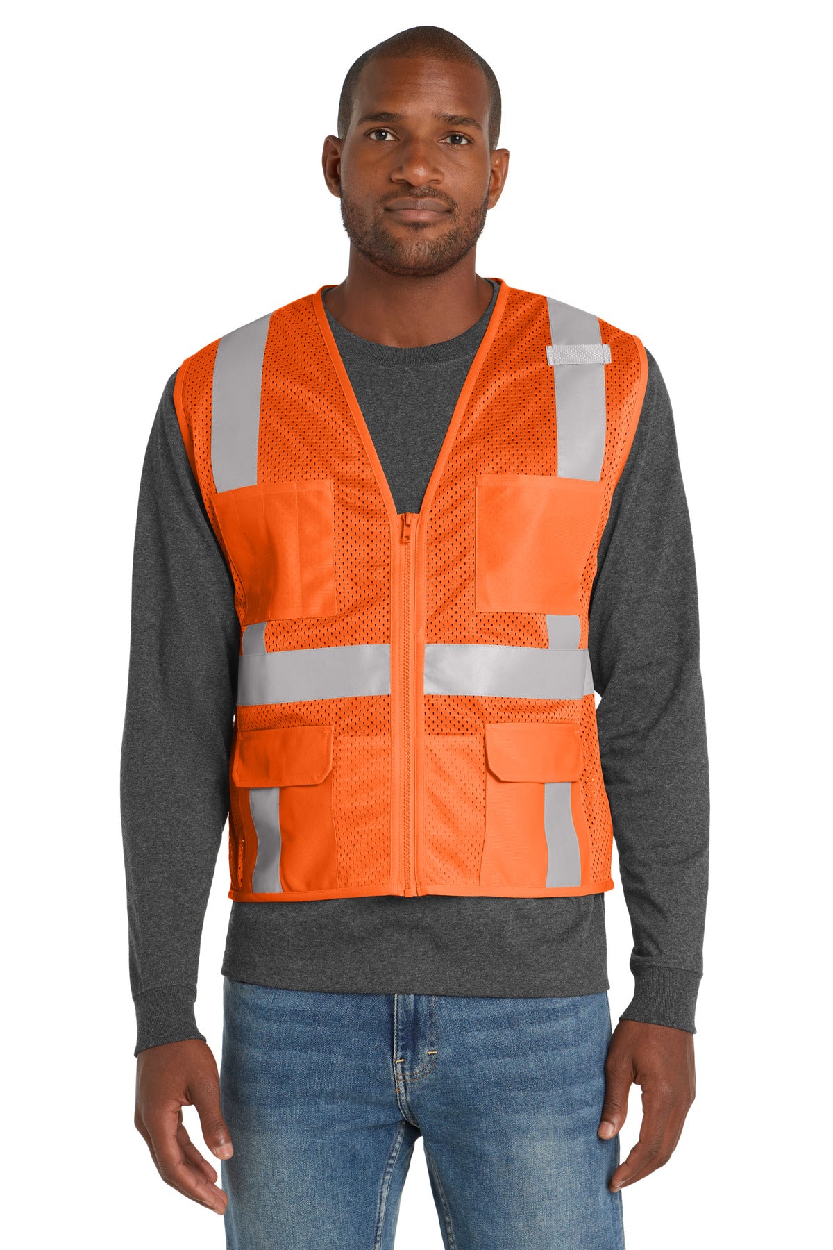 Front View of SftyOrg CornerStone ANSI 107 Class 2 Mesh Six-Pocket Zippered Vest. CSV104  - 2/3X