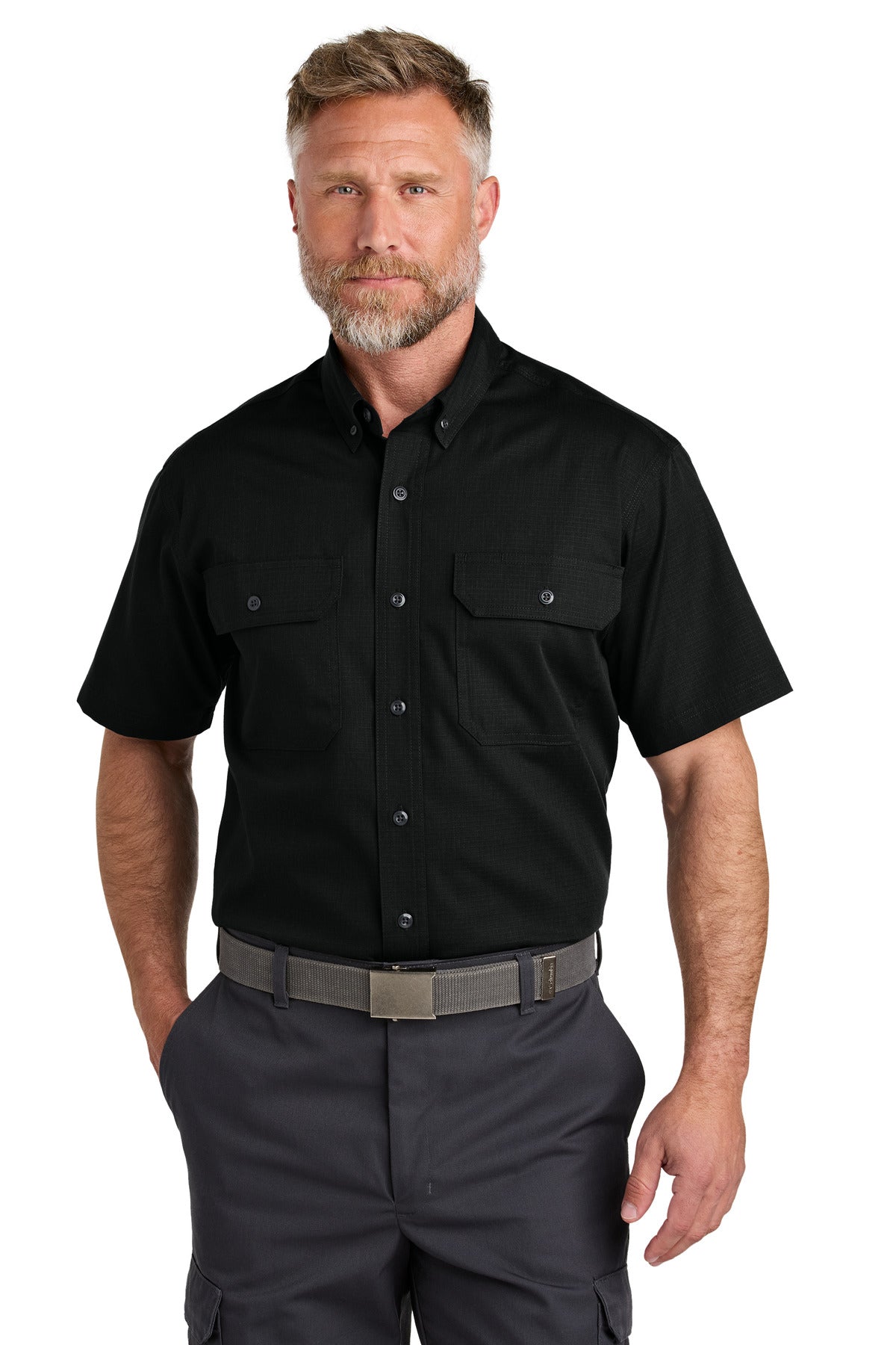 Front View of Black CornerStone Short Sleeve Select Ripstop Shirt CSW175  - XS