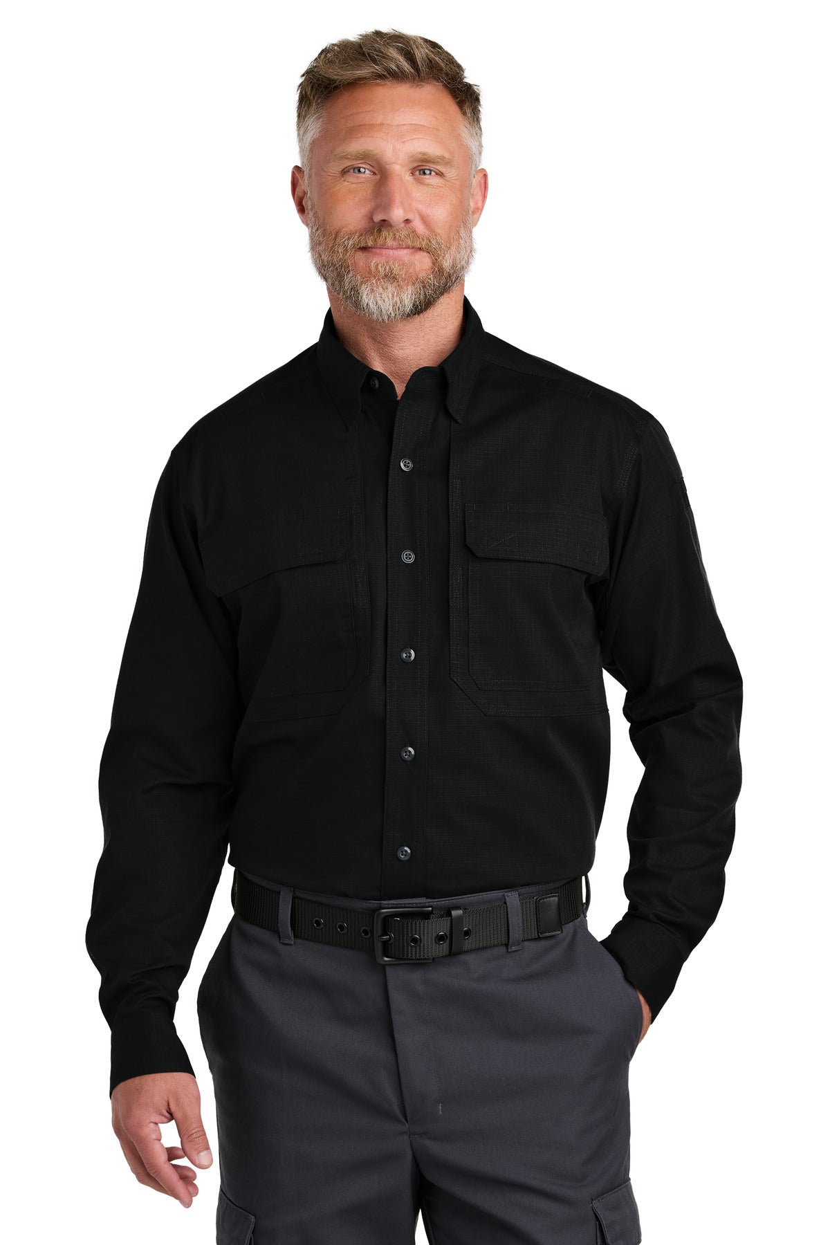 Front View of Black CornerStone Long Sleeve Select Tactical Shirt CSW176  - XS