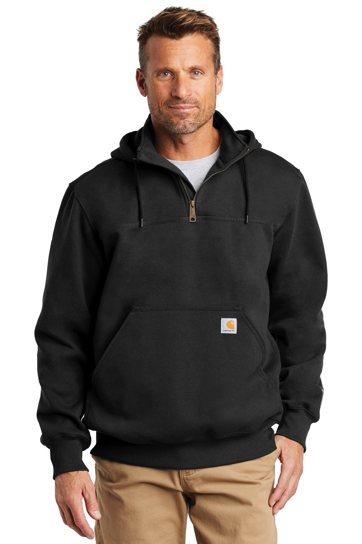 Front View of Black Carhartt Rain Defender Paxton Heavyweight Hooded Zip Mock Sweatshirt. CT100617  - S