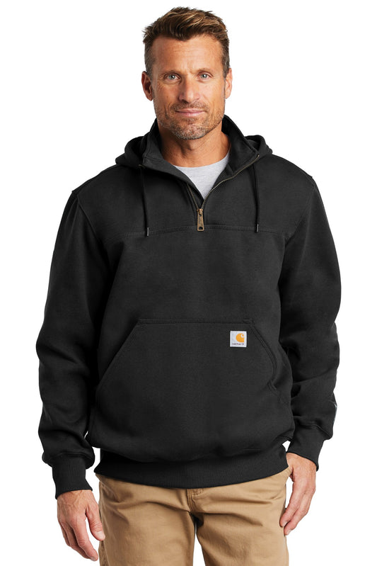Front View of Black Carhartt Rain Defender Paxton Heavyweight Hooded Zip Mock Sweatshirt. CT100617  - S