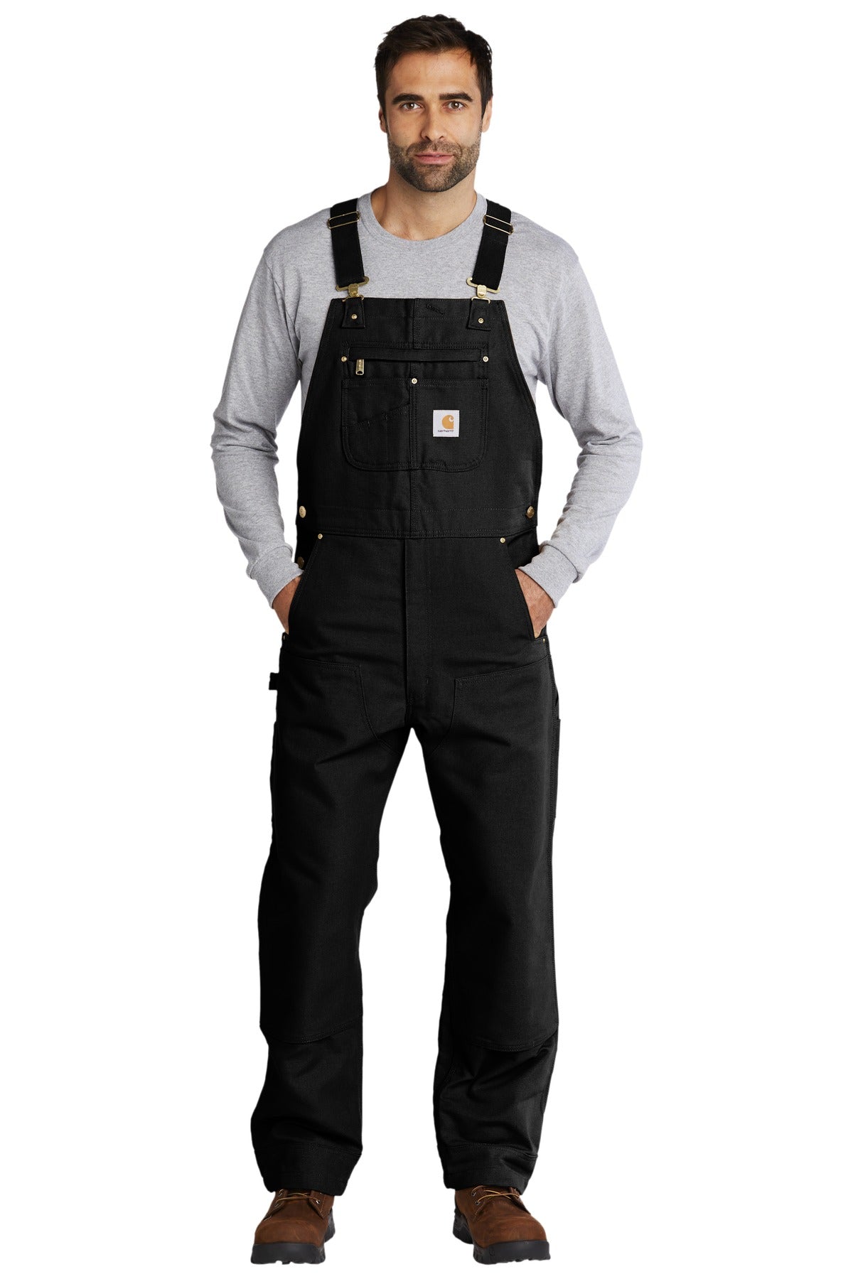 Front View of Black Carhartt Duck Unlined Bib Overalls. CT102776  - 4434