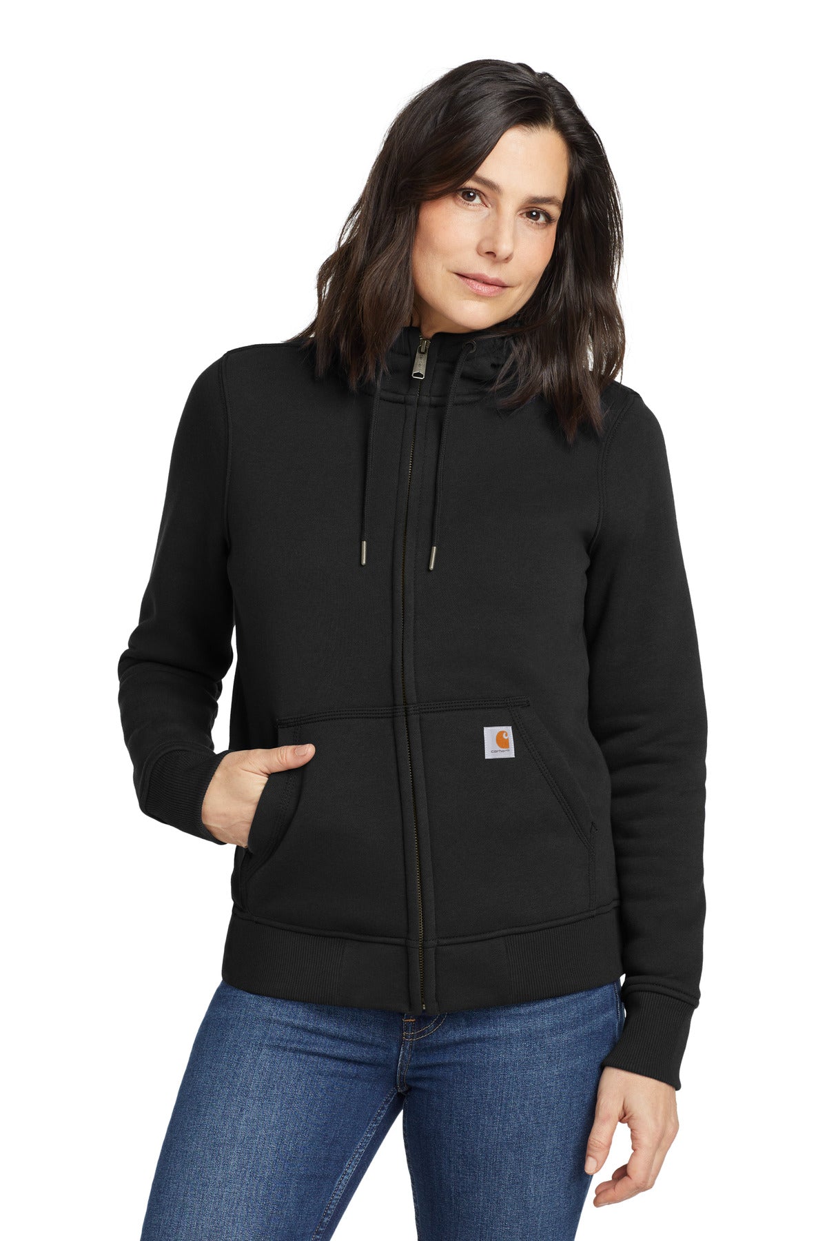 Front View of Black Carhartt Women's Clarksburg Full-Zip Hoodie CT102788  - XS