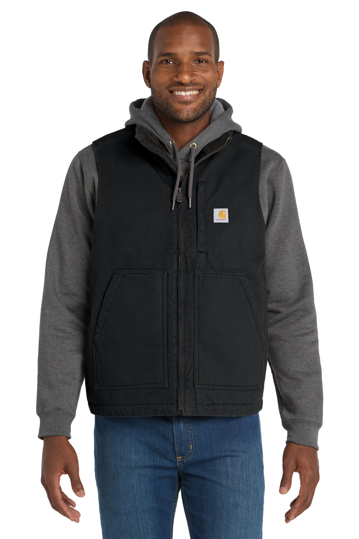 Front View of Black Carhartt Sherpa-Lined Mock Neck Vest CT104277  - S