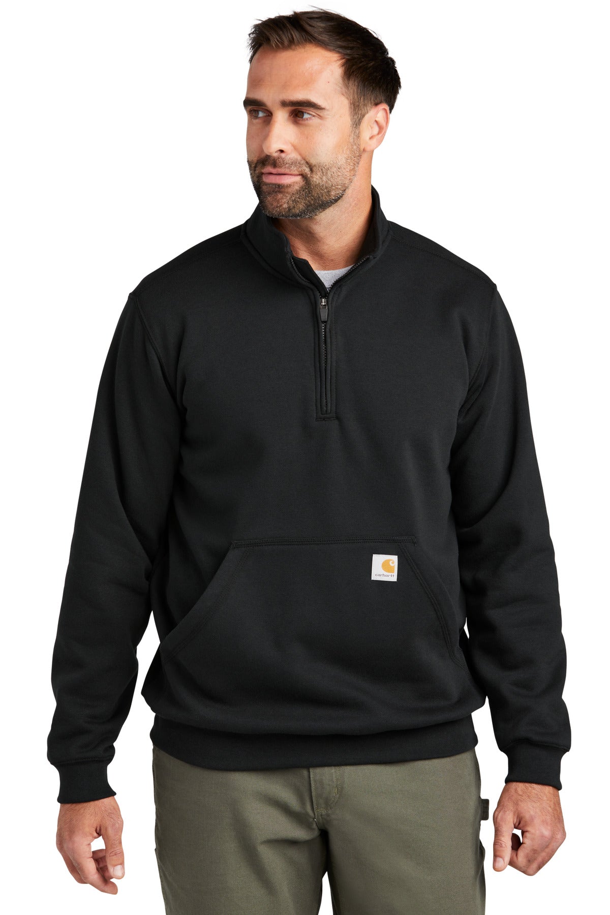 Front View of Black Carhartt Midweight 1/4-Zip Mock Neck Sweatshirt CT105294  - S