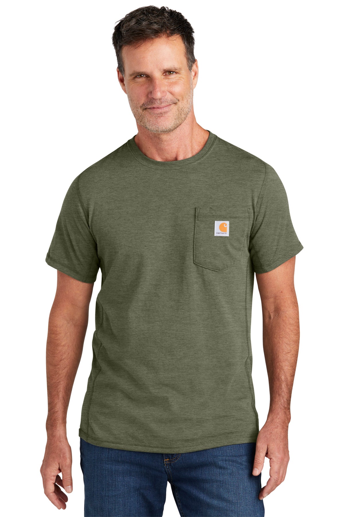 Front View of BasilHthr Carhartt Force Short Sleeve Pocket T-Shirt CT106652  - S
