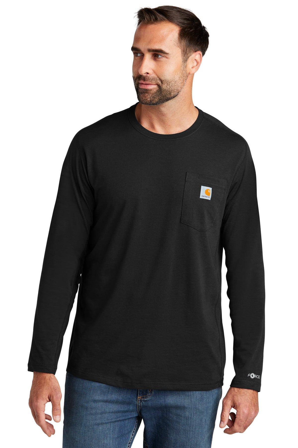 Front View of Black Carhartt Force Long Sleeve Pocket T-Shirt CT106656  - S
