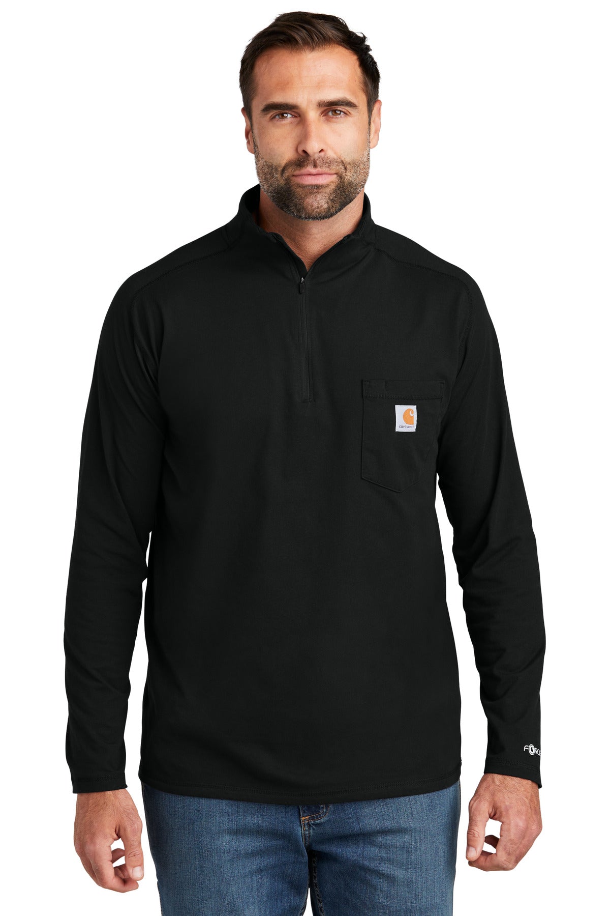 Front View of Black Carhartt Force 1/4-Zip Long Sleeve T-Shirt CT106660  - S