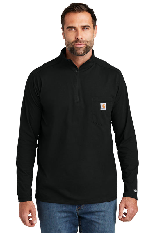 Front View of Black Carhartt Force 1/4-Zip Long Sleeve T-Shirt CT106660  - S