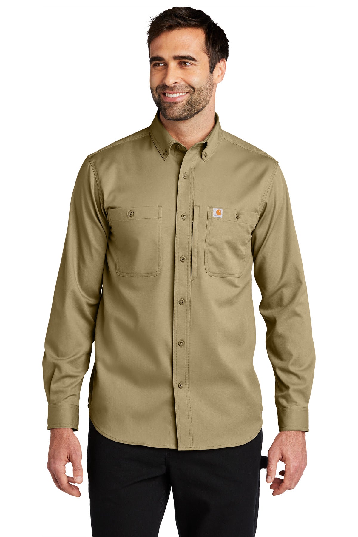 Front View of DarkKhaki Carhartt Rugged Professional Series Long Sleeve Shirt CT106689  - S