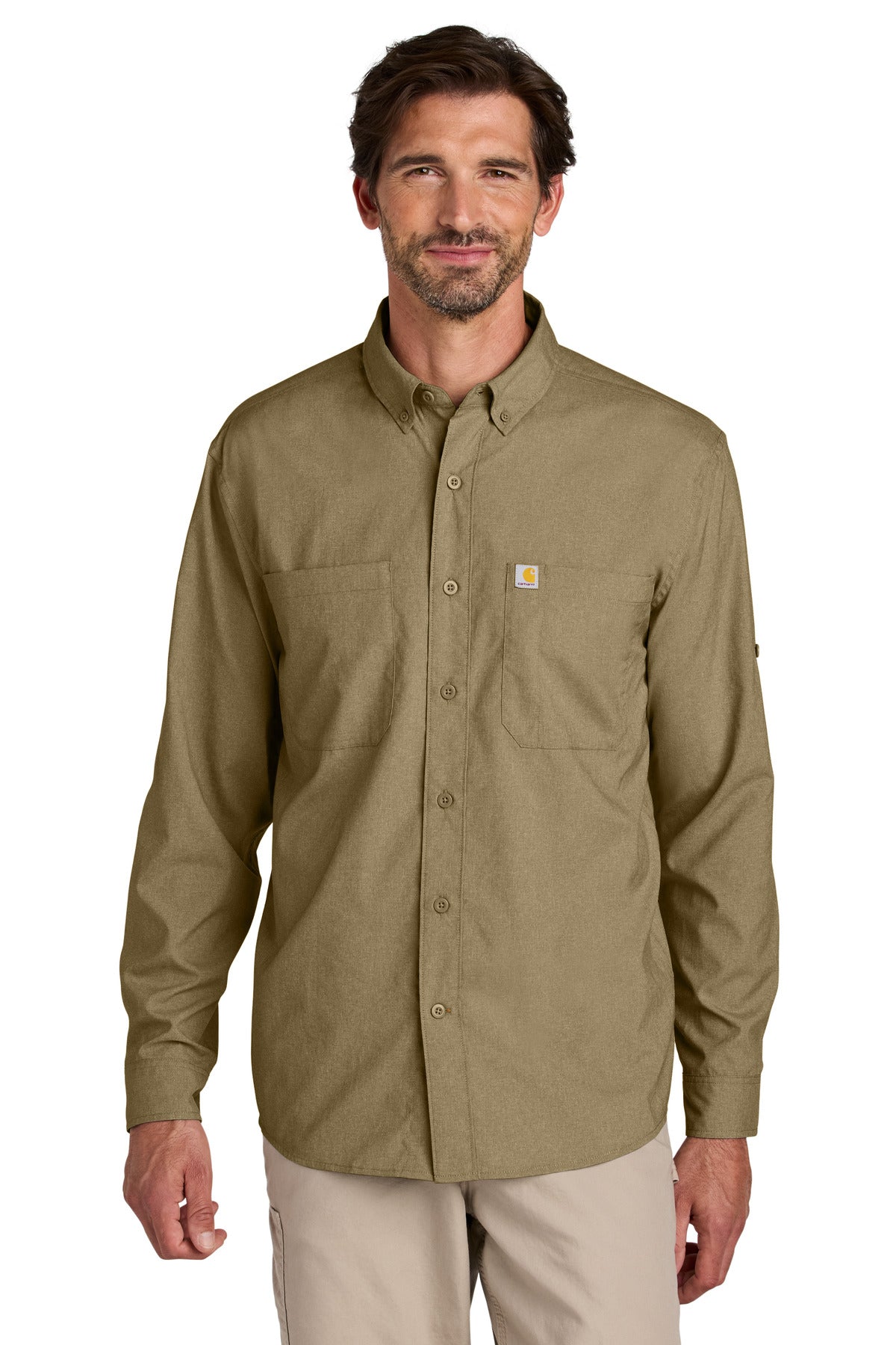 Front View of DarkKhaki Carhartt Force Sun Defender Long Sleeve Shirt CT107106  - S