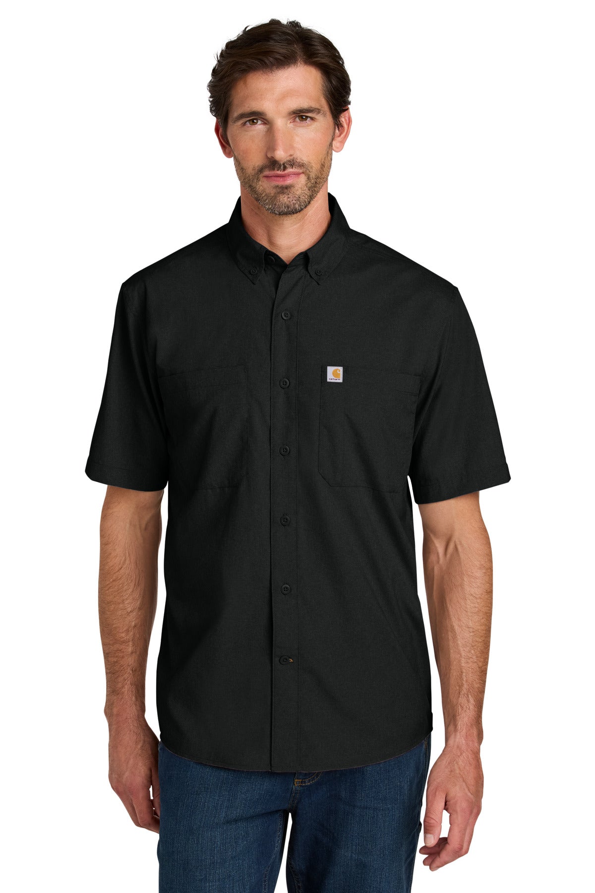 Front View of Black Carhartt Force Sun Defender Short Sleeve Shirt CT107107  - S