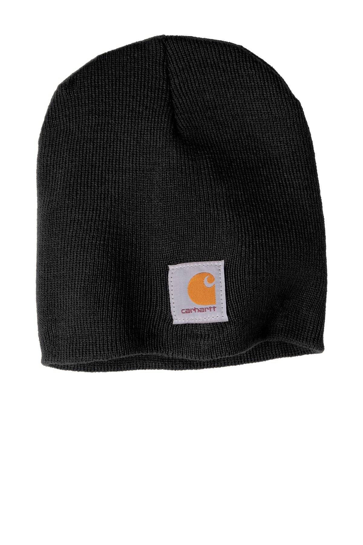 Front View of Black Carhartt Acrylic Knit Hat. CTA205